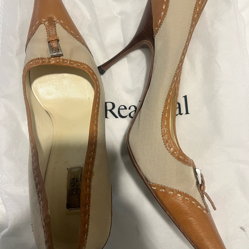 Prada Women's Tan and Cream Heels
